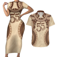 Bula Fiji Day 55th Anniversary Masi Tapa Couples Matching Short Sleeve Bodycon Dress and Hawaiian Shirt Emerald Jubilee - Beige - Polynesian Pride