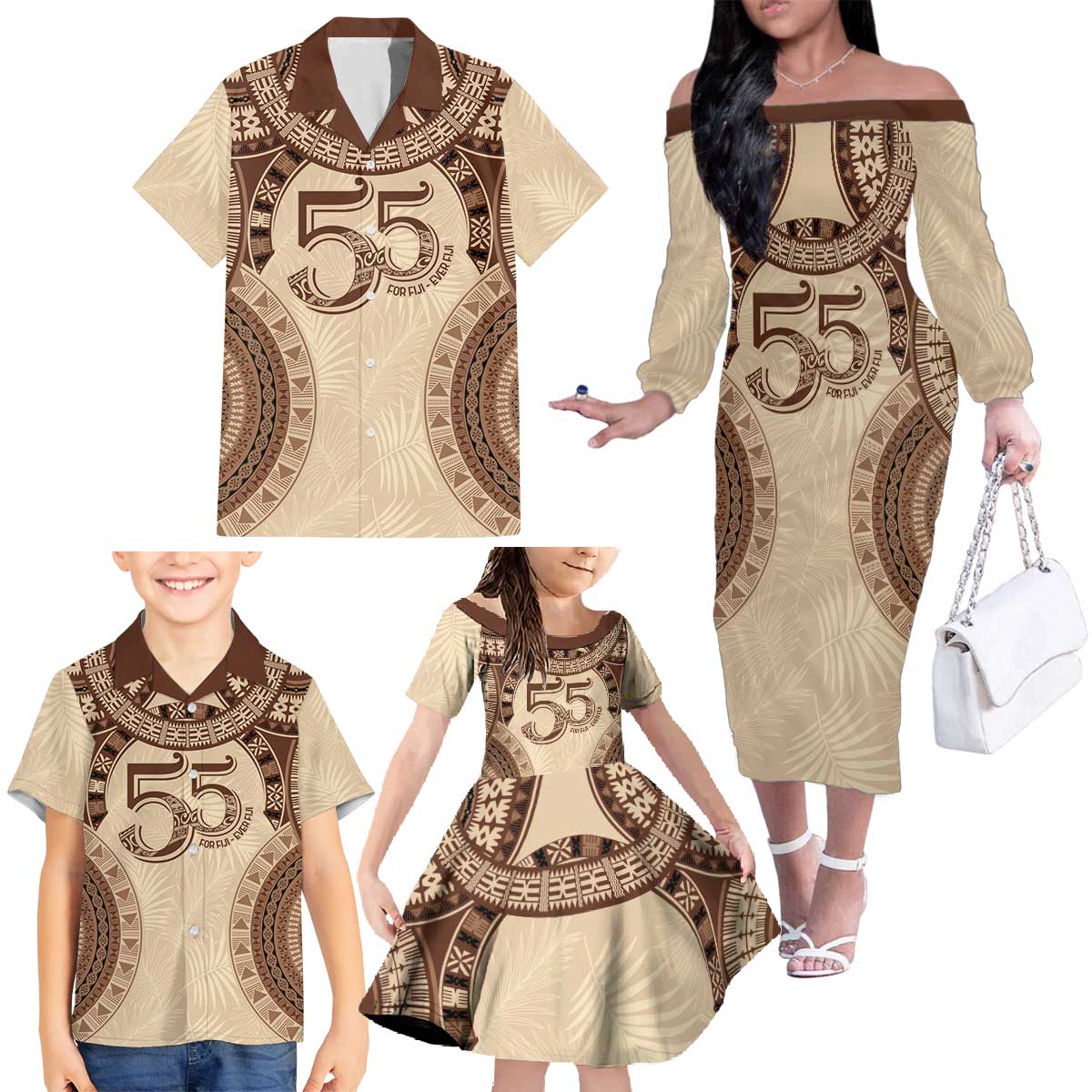 Bula Fiji Day 55th Anniversary Masi Tapa Family Matching Off The Shoulder Long Sleeve Dress and Hawaiian Shirt Emerald Jubilee - Beige - Polynesian Pride
