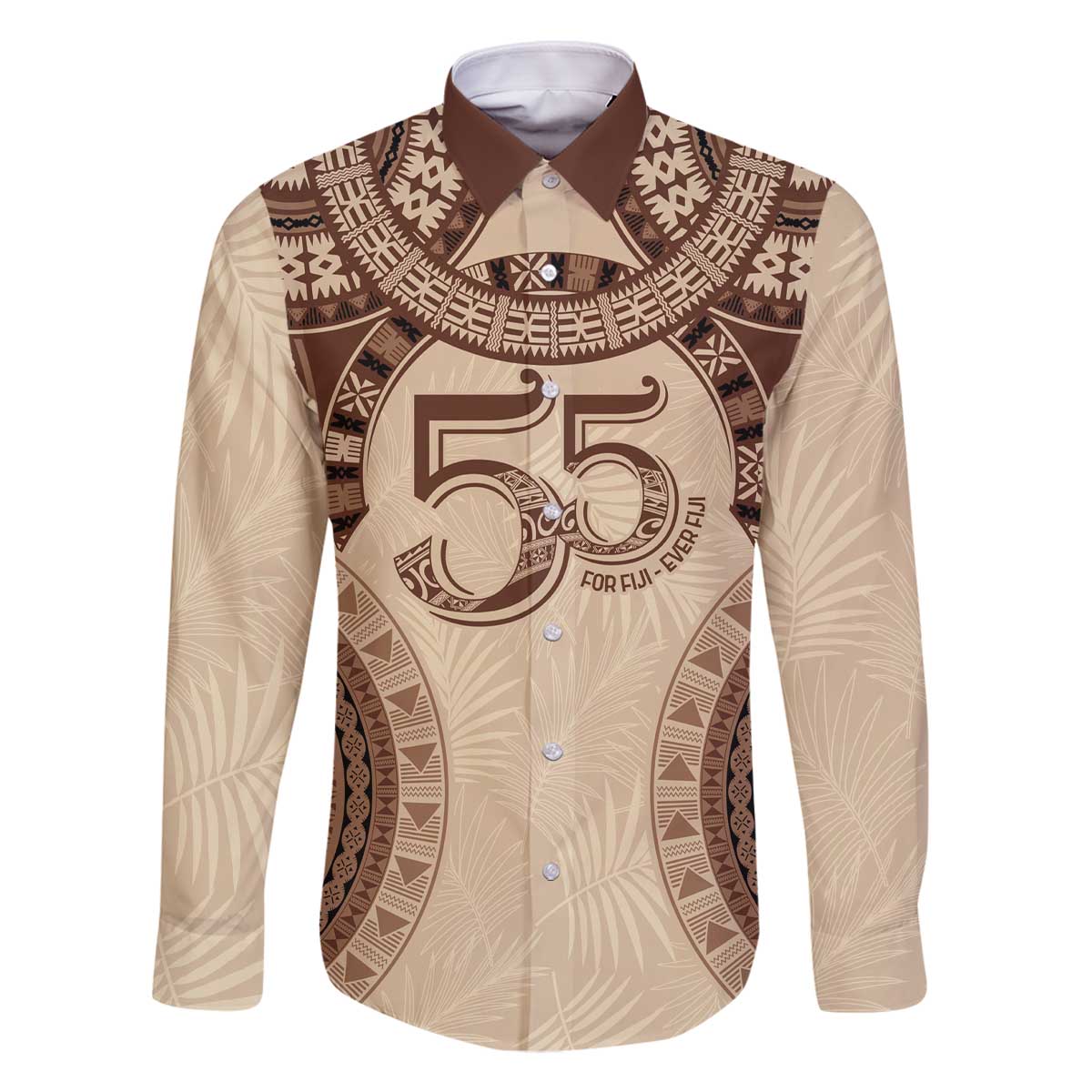 Bula Fiji Day 55th Anniversary Masi Tapa Family Matching Off The Shoulder Long Sleeve Dress and Hawaiian Shirt Emerald Jubilee - Beige - Polynesian Pride