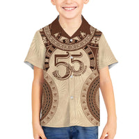 Bula Fiji Day 55th Anniversary Masi Tapa Family Matching Off The Shoulder Long Sleeve Dress and Hawaiian Shirt Emerald Jubilee - Beige - Polynesian Pride