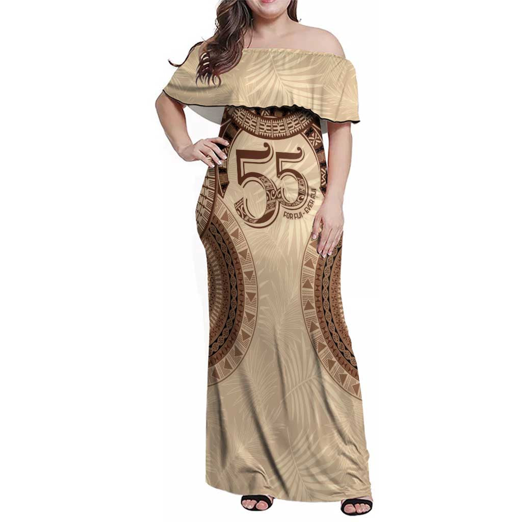 Bula Fiji Day 55th Anniversary Masi Tapa Family Matching Off Shoulder Maxi Dress and Hawaiian Shirt Emerald Jubilee - Beige - Polynesian Pride