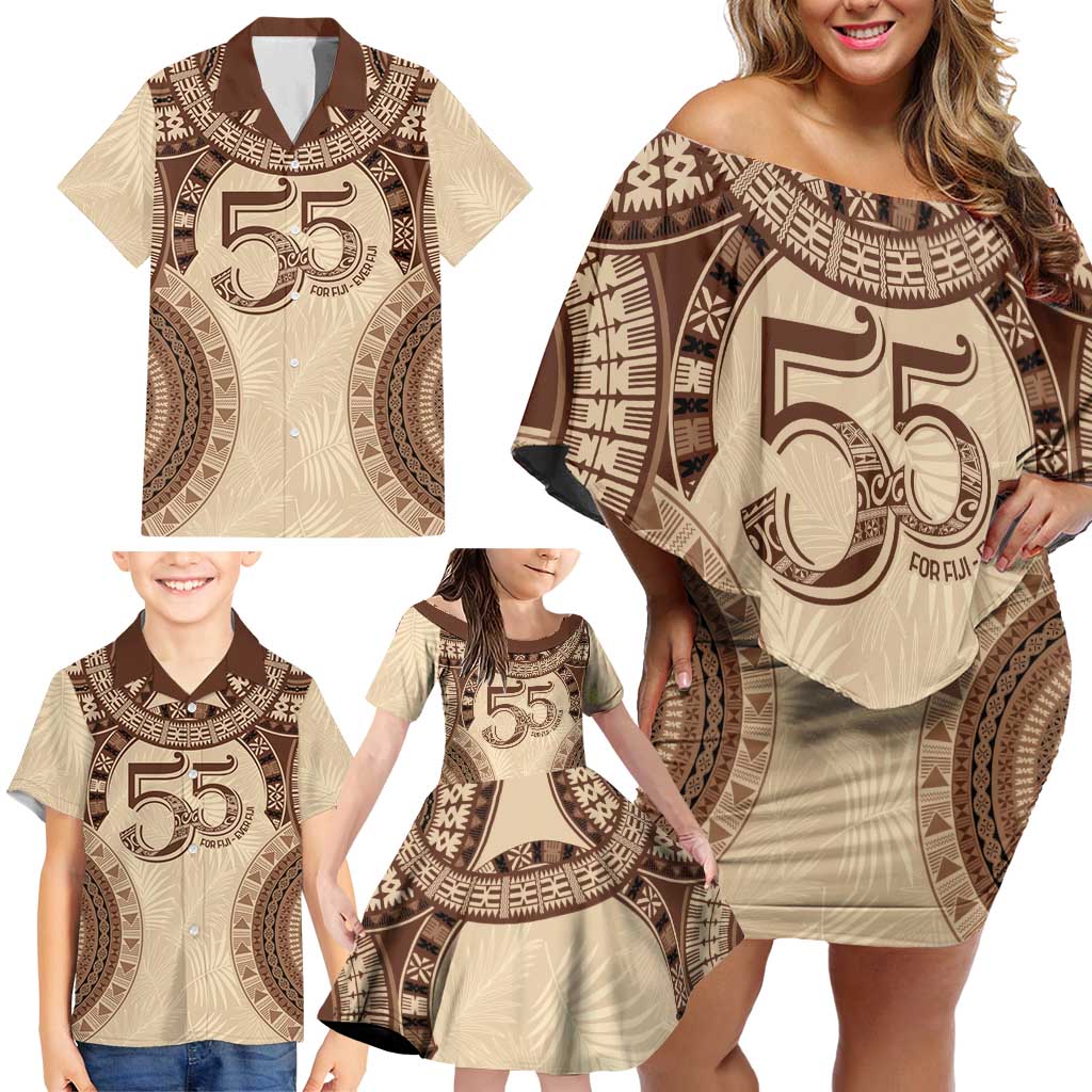Bula Fiji Day 55th Anniversary Masi Tapa Family Matching Off Shoulder Short Dress and Hawaiian Shirt Emerald Jubilee - Beige - Polynesian Pride