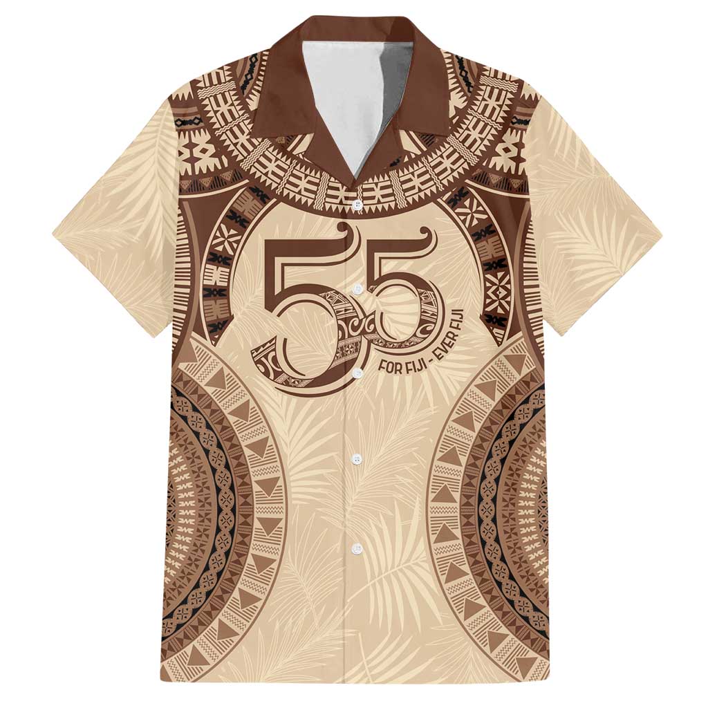 Bula Fiji Day 55th Anniversary Masi Tapa Family Matching Off Shoulder Short Dress and Hawaiian Shirt Emerald Jubilee - Beige - Polynesian Pride