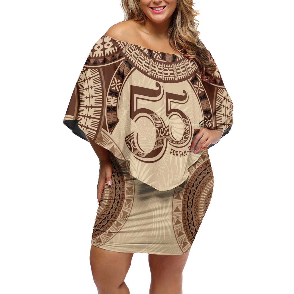 Bula Fiji Day 55th Anniversary Masi Tapa Family Matching Off Shoulder Short Dress and Hawaiian Shirt Emerald Jubilee - Beige - Polynesian Pride