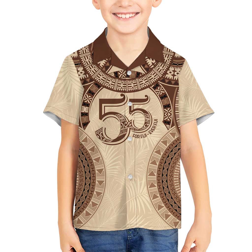 Bula Fiji Day 55th Anniversary Masi Tapa Family Matching Off Shoulder Short Dress and Hawaiian Shirt Emerald Jubilee - Beige - Polynesian Pride