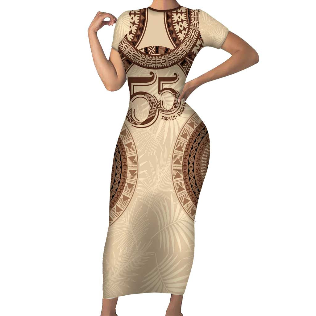 Bula Fiji Day 55th Anniversary Masi Tapa Family Matching Short Sleeve Bodycon Dress and Hawaiian Shirt Emerald Jubilee - Beige - Polynesian Pride