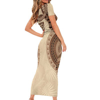 Bula Fiji Day 55th Anniversary Masi Tapa Family Matching Short Sleeve Bodycon Dress and Hawaiian Shirt Emerald Jubilee - Beige - Polynesian Pride