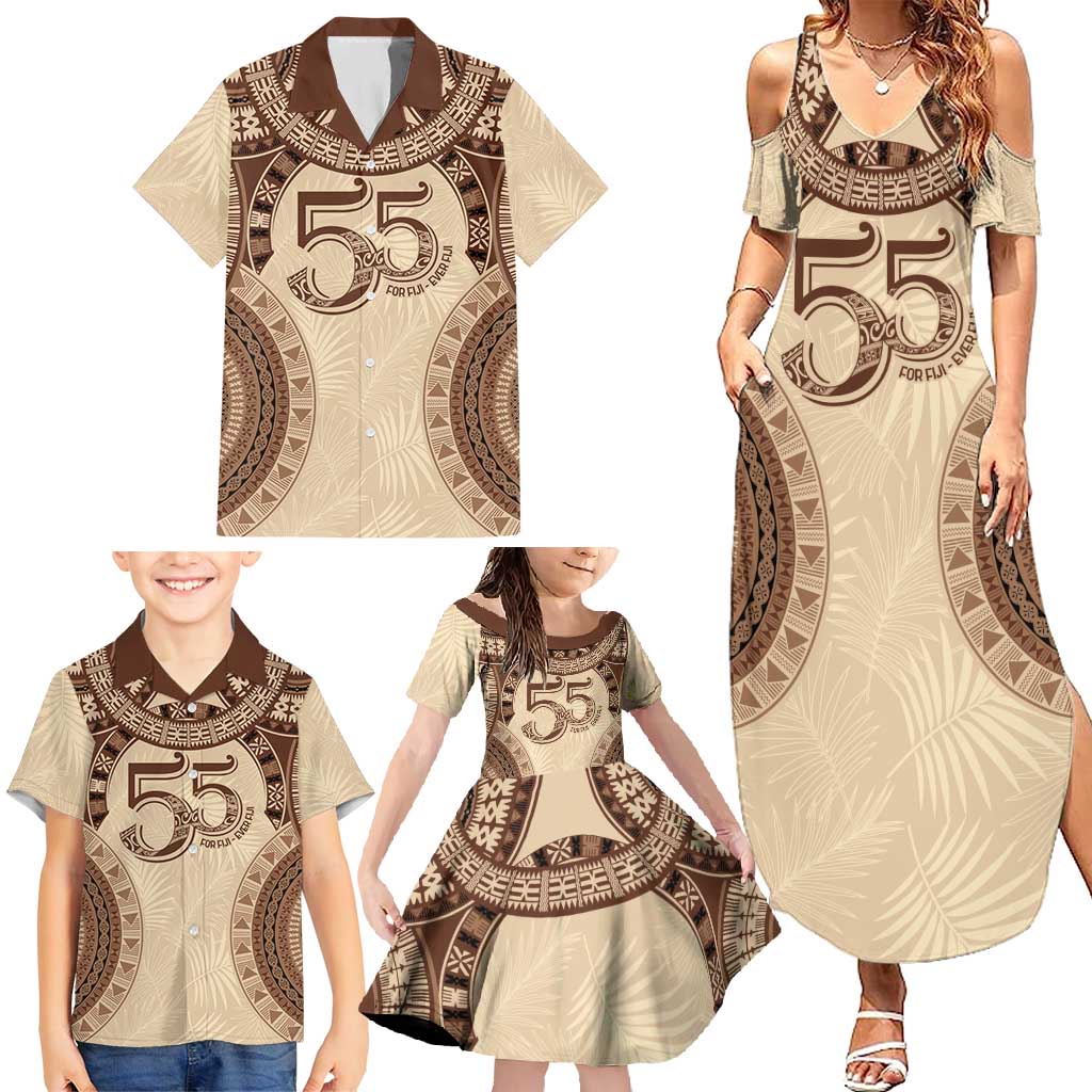 Bula Fiji Day 55th Anniversary Masi Tapa Family Matching Summer Maxi Dress and Hawaiian Shirt Emerald Jubilee - Beige - Polynesian Pride