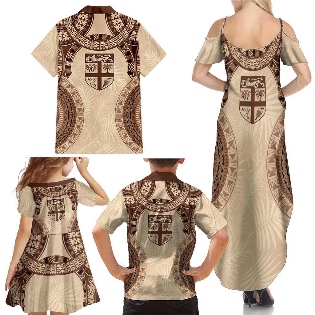 Bula Fiji Day 55th Anniversary Masi Tapa Family Matching Summer Maxi Dress and Hawaiian Shirt Emerald Jubilee - Beige - Polynesian Pride
