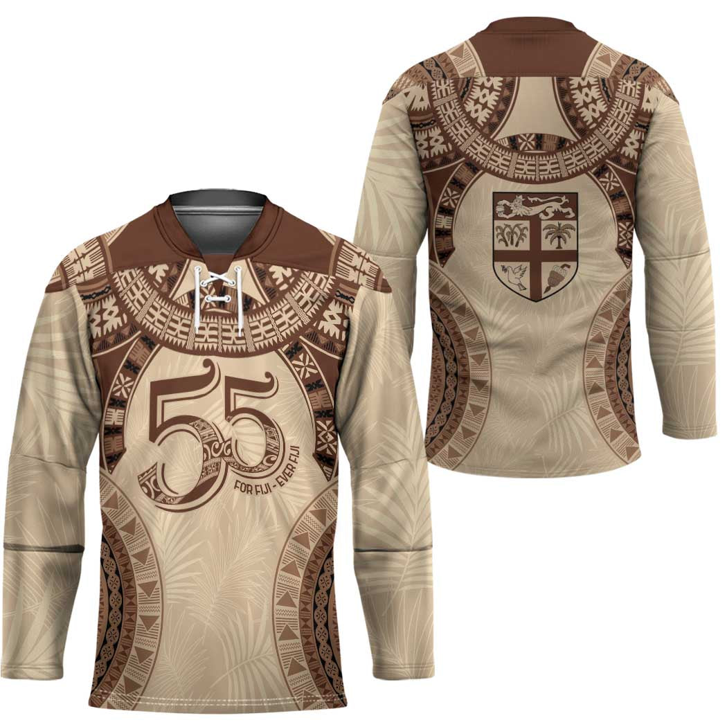 Bula Fiji Day 55th Anniversary Masi Tapa Hockey Jersey Emerald Jubilee - Beige - Polynesian Pride