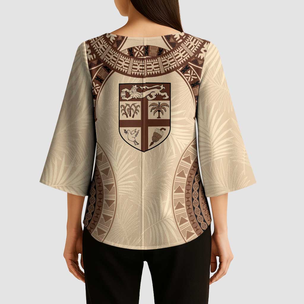 Bula Fiji Day 55th Anniversary Masi Tapa Kimono Sleeve Blouse Emerald Jubilee - Beige - Polynesian Pride