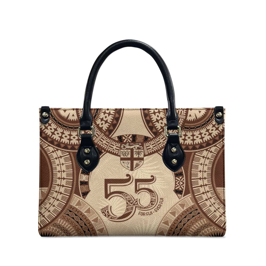 Bula Fiji Day 55th Anniversary Masi Tapa Leather Bag Emerald Jubilee - Beige - Polynesian Pride