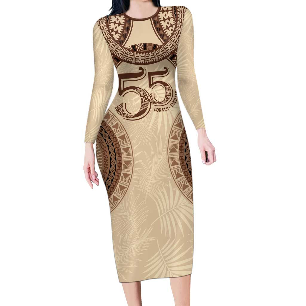 Bula Fiji Day 55th Anniversary Masi Tapa Long Sleeve Bodycon Dress Emerald Jubilee - Beige - Polynesian Pride