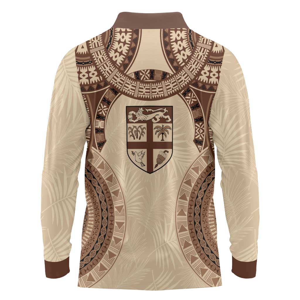 Bula Fiji Day 55th Anniversary Masi Tapa Long Sleeve Polo Shirt Emerald Jubilee - Beige LT7 - Polynesian Pride