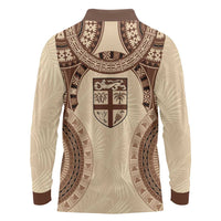 Bula Fiji Day 55th Anniversary Masi Tapa Long Sleeve Polo Shirt Emerald Jubilee - Beige LT7 - Polynesian Pride