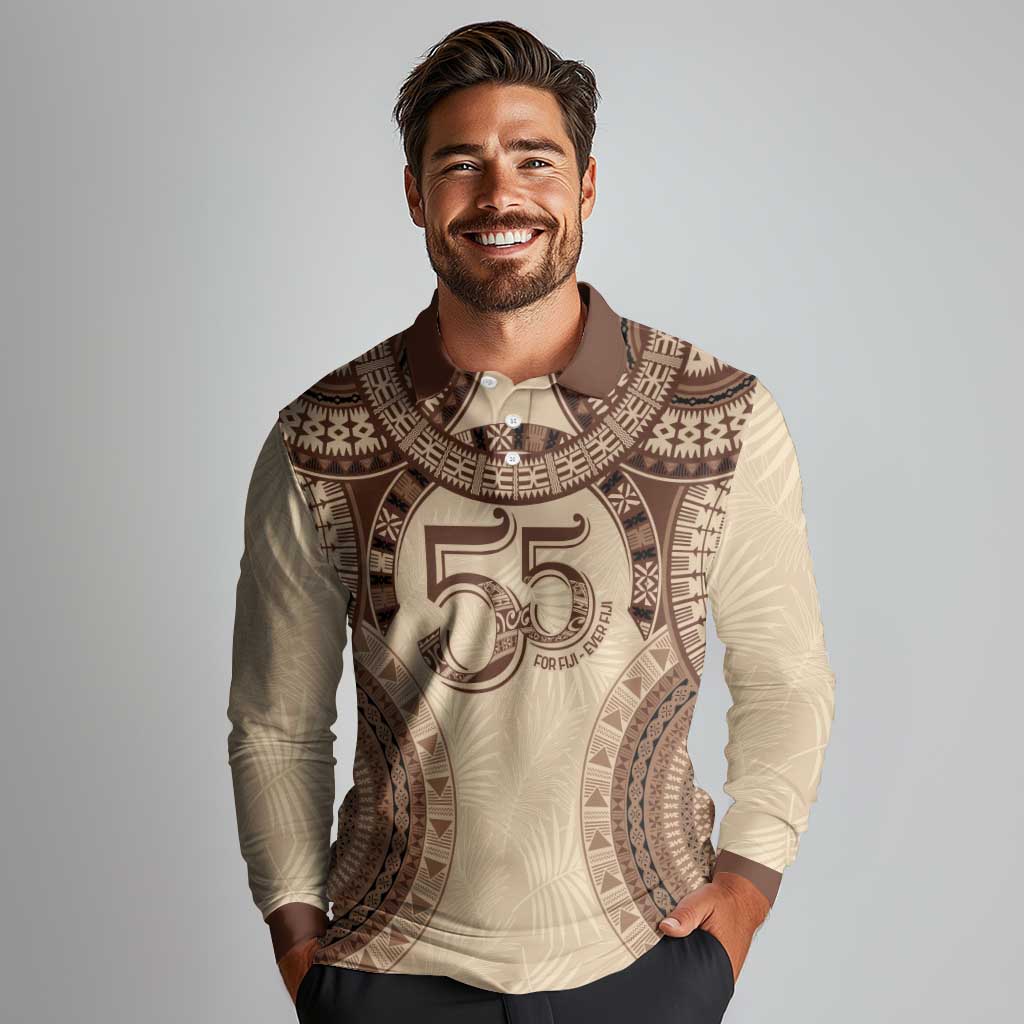 Bula Fiji Day 55th Anniversary Masi Tapa Long Sleeve Polo Shirt Emerald Jubilee - Beige LT7 - Polynesian Pride