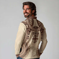 Bula Fiji Day 55th Anniversary Masi Tapa Long Sleeve Polo Shirt Emerald Jubilee - Beige LT7 - Polynesian Pride