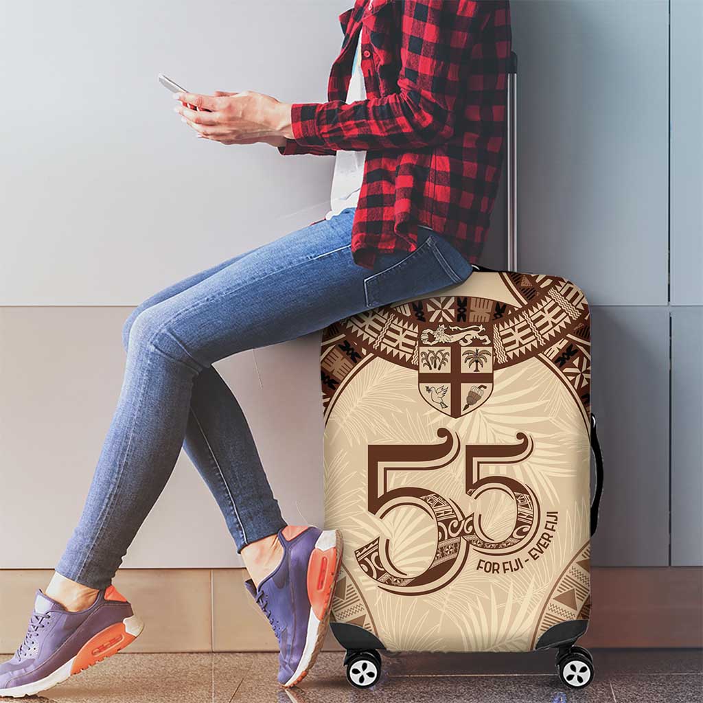 Bula Fiji Day 55th Anniversary Masi Tapa Luggage Cover Emerald Jubilee - Beige - Polynesian Pride