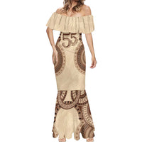 Bula Fiji Day 55th Anniversary Masi Tapa Mermaid Dress Emerald Jubilee - Beige - Polynesian Pride