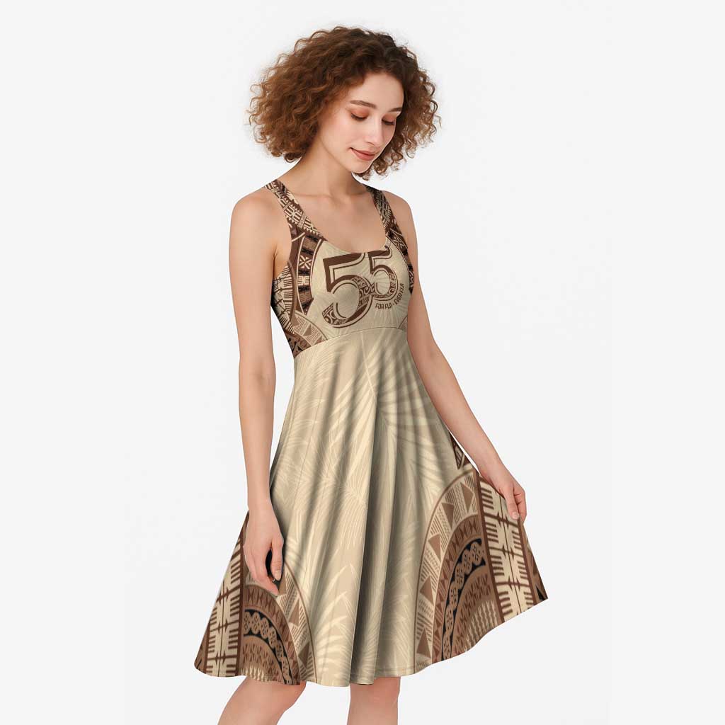 Bula Fiji Day 55th Anniversary Masi Tapa Midi Dress Emerald Jubilee - Beige - Polynesian Pride