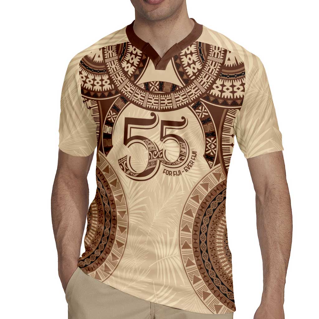 Bula Fiji Day 55th Anniversary Masi Tapa Rugby Jersey Emerald Jubilee - Beige - Polynesian Pride