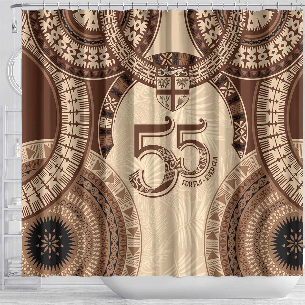 Bula Fiji Day 55th Anniversary Masi Tapa Shower Curtain Emerald Jubilee - Beige - Polynesian Pride