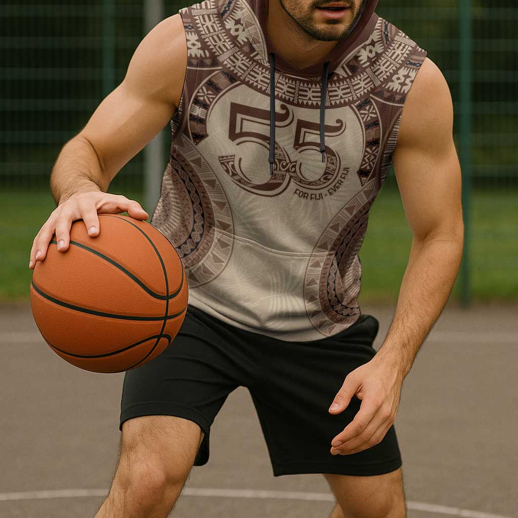 Bula Fiji Day 55th Anniversary Masi Tapa Sleeveless Hoodie Emerald Jubilee - Beige - Polynesian Pride