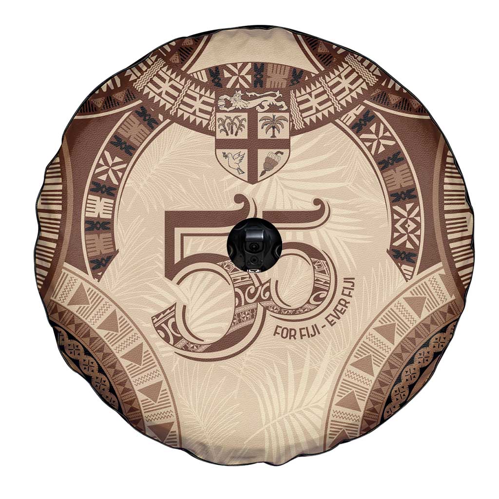 Bula Fiji Day 55th Anniversary Masi Tapa Spare Tire Cover Emerald Jubilee - Beige - Polynesian Pride