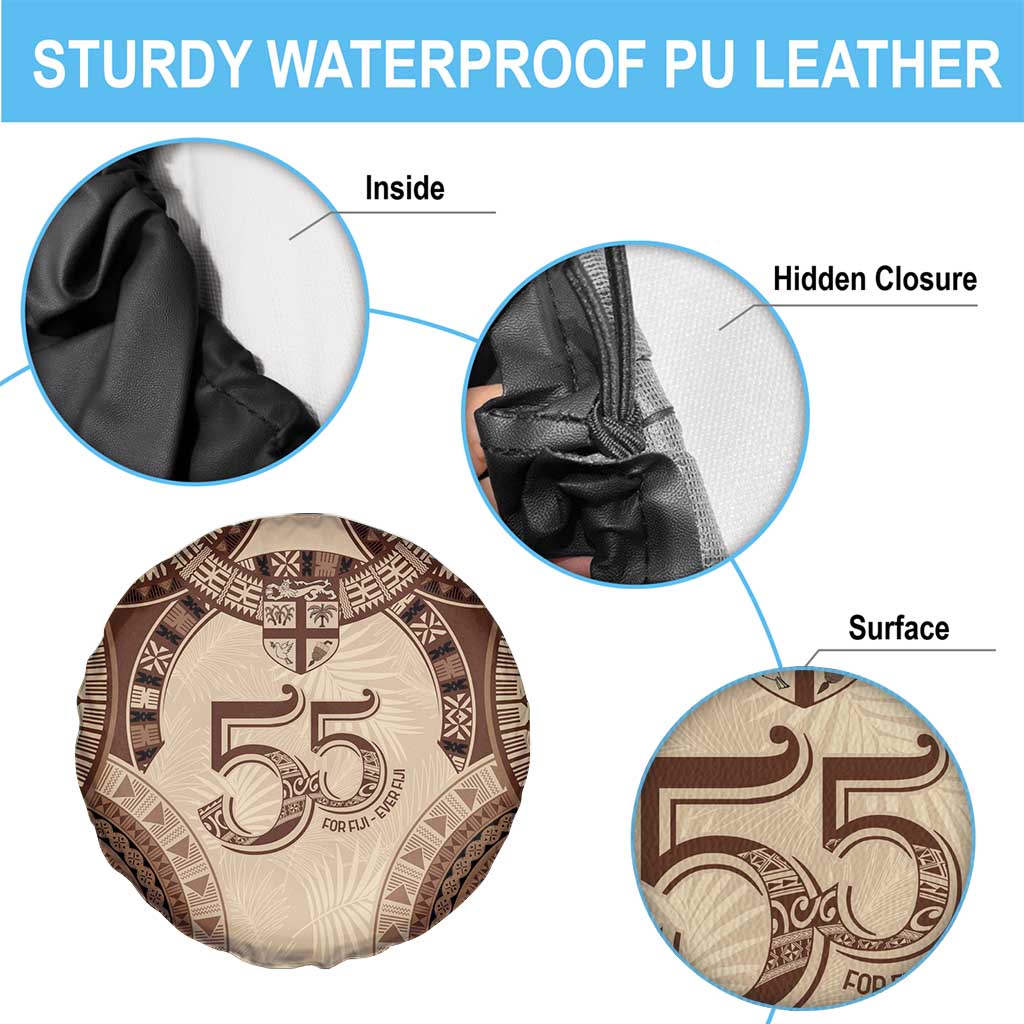 Bula Fiji Day 55th Anniversary Masi Tapa Spare Tire Cover Emerald Jubilee - Beige - Polynesian Pride