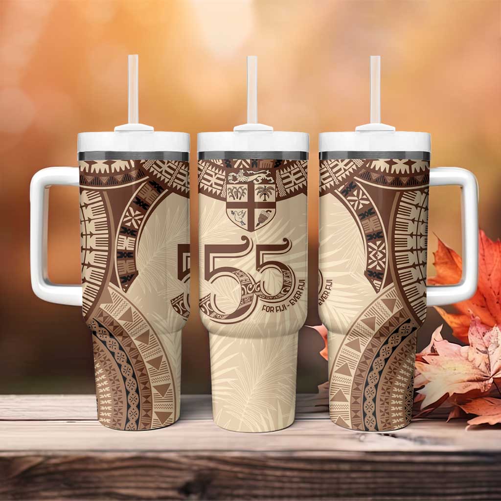 Bula Fiji Day 55th Anniversary Masi Tapa Tumbler With Handle Emerald Jubilee - Beige - Polynesian Pride