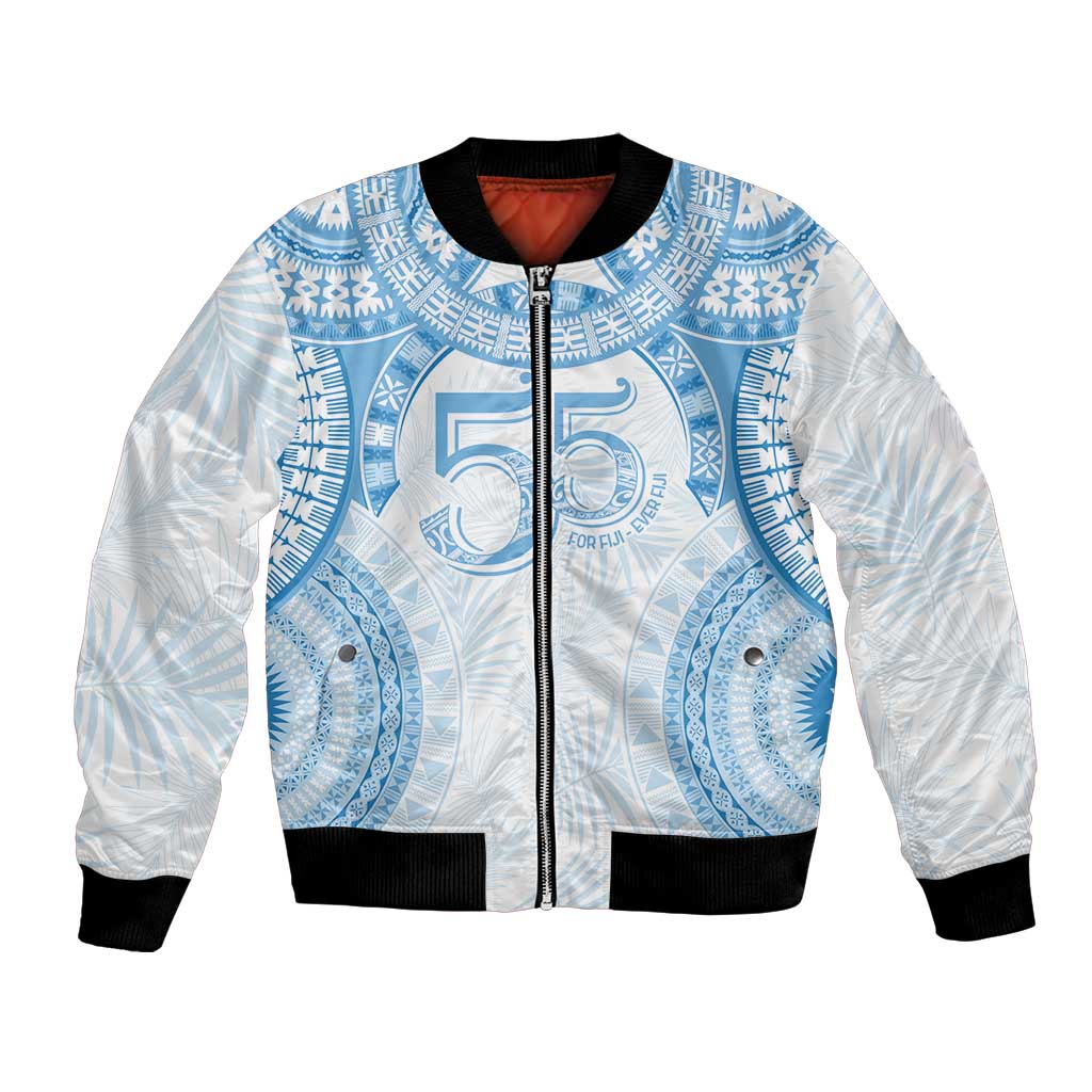 Bula Fiji Day 55th Anniversary Masi Tapa Bomber Jacket Emerald Jubilee - Turquoise - Polynesian Pride