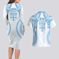 Bula Fiji Day 55th Anniversary Masi Tapa Couples Matching Long Sleeve Bodycon Dress and Hawaiian Shirt Emerald Jubilee - Turquoise - Polynesian Pride