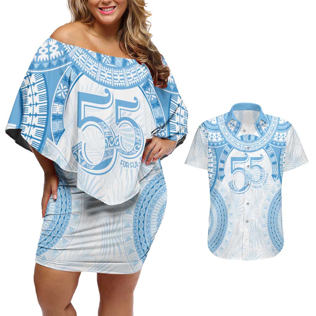 Bula Fiji Day 55th Anniversary Masi Tapa Couples Matching Off Shoulder Short Dress and Hawaiian Shirt Emerald Jubilee - Turquoise - Polynesian Pride
