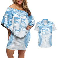 Bula Fiji Day 55th Anniversary Masi Tapa Couples Matching Off Shoulder Short Dress and Hawaiian Shirt Emerald Jubilee - Turquoise - Polynesian Pride