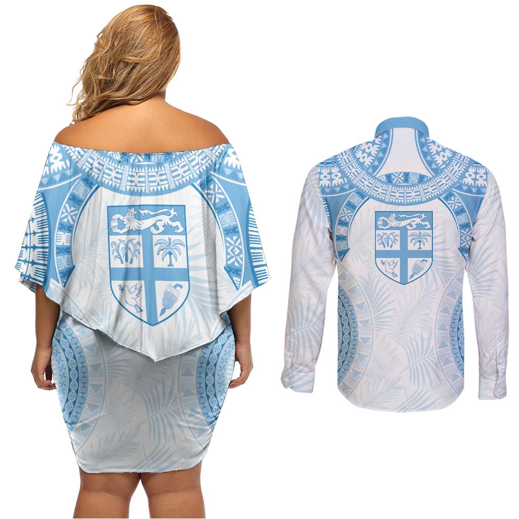 Bula Fiji Day 55th Anniversary Masi Tapa Couples Matching Off Shoulder Short Dress and Long Sleeve Button Shirt Emerald Jubilee - Turquoise - Polynesian Pride