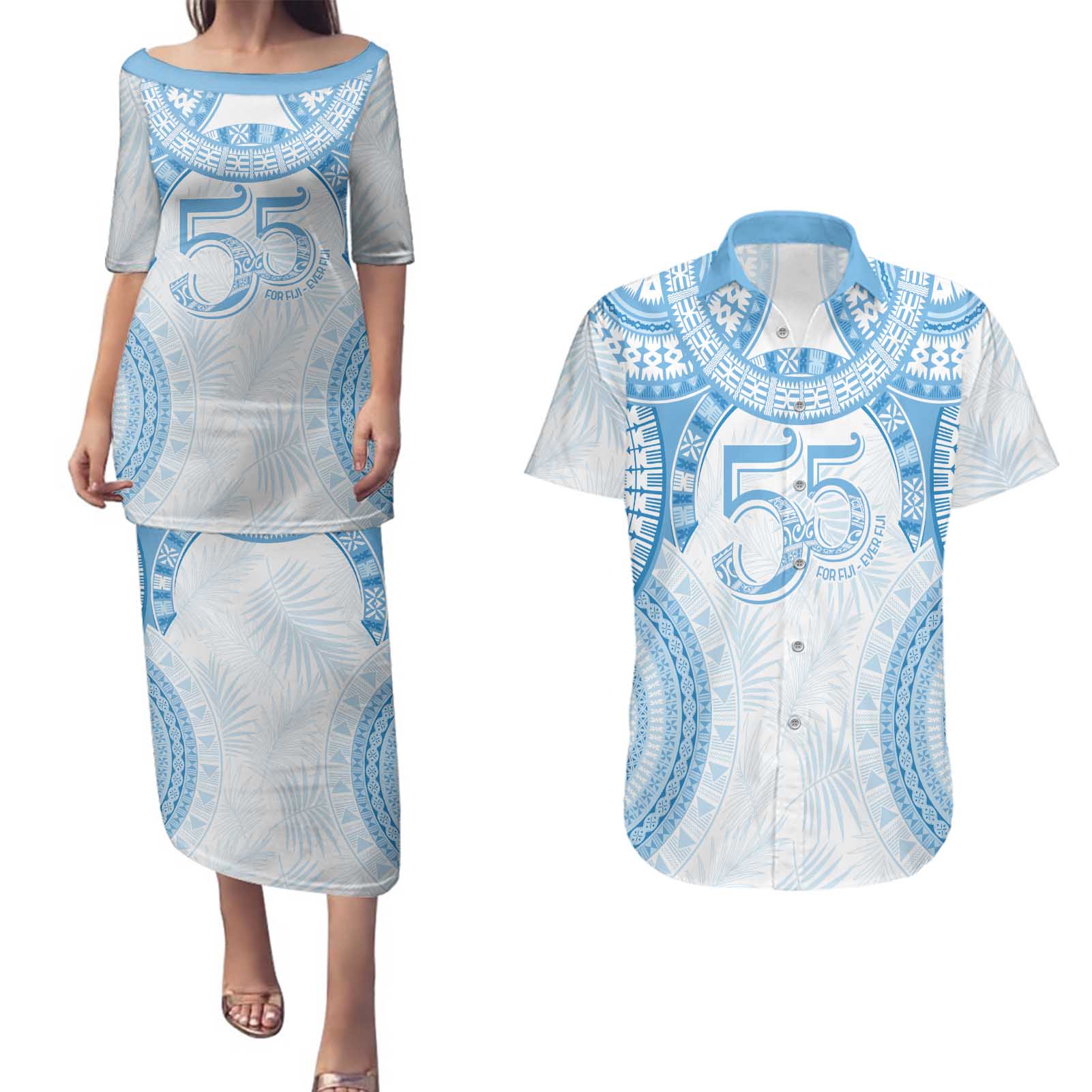 Bula Fiji Day 55th Anniversary Masi Tapa Couples Matching Puletasi and Hawaiian Shirt Emerald Jubilee - Turquoise - Polynesian Pride