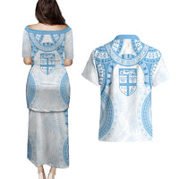 Bula Fiji Day 55th Anniversary Masi Tapa Couples Matching Puletasi and Hawaiian Shirt Emerald Jubilee - Turquoise - Polynesian Pride