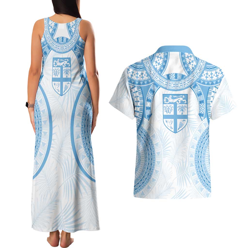 Bula Fiji Day 55th Anniversary Masi Tapa Couples Matching Tank Maxi Dress and Hawaiian Shirt Emerald Jubilee - Turquoise - Polynesian Pride