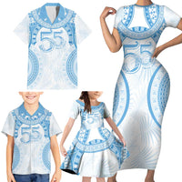 Bula Fiji Day 55th Anniversary Masi Tapa Family Matching Short Sleeve Bodycon Dress and Hawaiian Shirt Emerald Jubilee - Turquoise - Polynesian Pride
