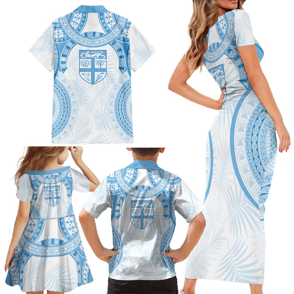 Bula Fiji Day 55th Anniversary Masi Tapa Family Matching Short Sleeve Bodycon Dress and Hawaiian Shirt Emerald Jubilee - Turquoise - Polynesian Pride
