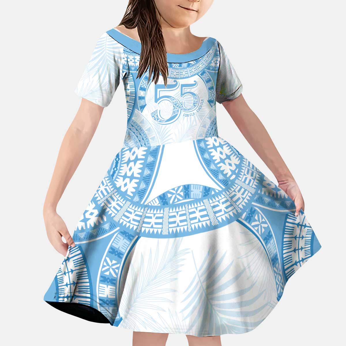 Bula Fiji Day 55th Anniversary Masi Tapa Kid Short Sleeve Dress Emerald Jubilee - Turquoise - Polynesian Pride