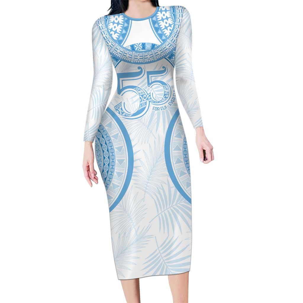 Bula Fiji Day 55th Anniversary Masi Tapa Long Sleeve Bodycon Dress Emerald Jubilee - Turquoise - Polynesian Pride
