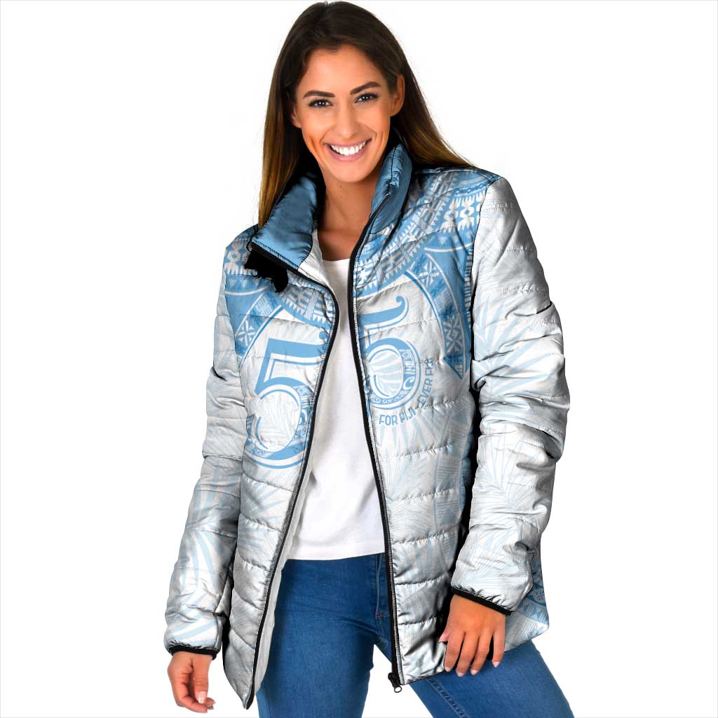 Bula Fiji Day 55th Anniversary Masi Tapa Padded Jacket Emerald Jubilee - Turquoise - Polynesian Pride