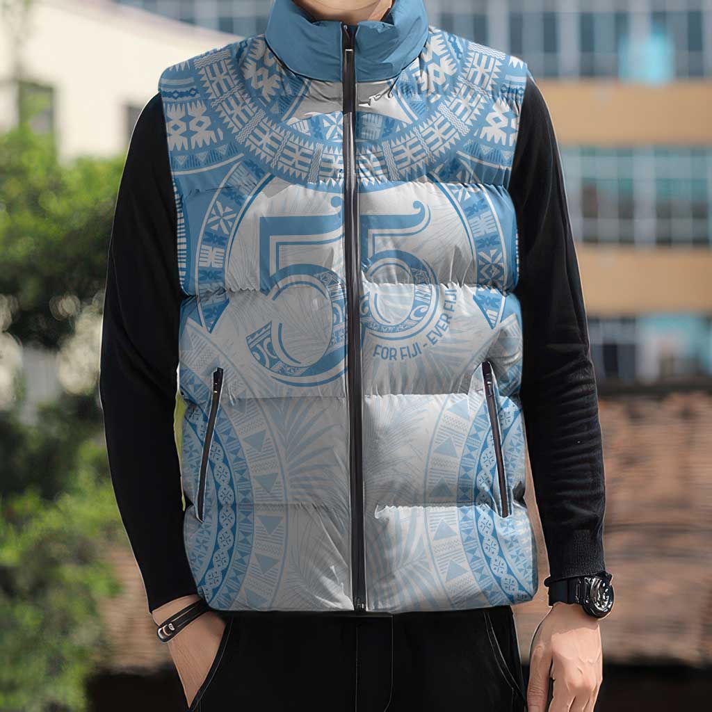 Bula Fiji Day 55th Anniversary Masi Tapa Sleeveless Puffer Jacket Emerald Jubilee - Turquoise - Polynesian Pride