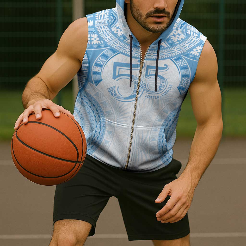 Bula Fiji Day 55th Anniversary Masi Tapa Sleeveless Zip Hoodie Emerald Jubilee - Turquoise - Polynesian Pride