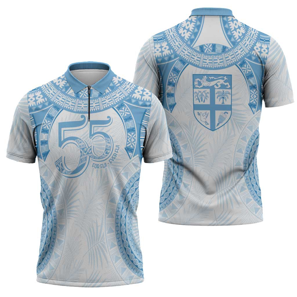 Bula Fiji Day 55th Anniversary Masi Tapa Zipper Polo Shirt Emerald Jubilee - Turquoise LT7 - Polynesian Pride