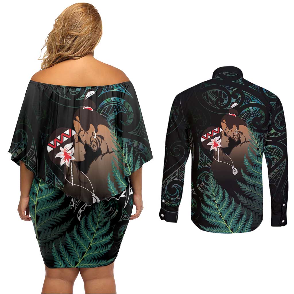 Maori Hongi Valentine Couples Matching Off Shoulder Short Dress and Long Sleeve Button Shirt Aroha Ahau Ki A Koe