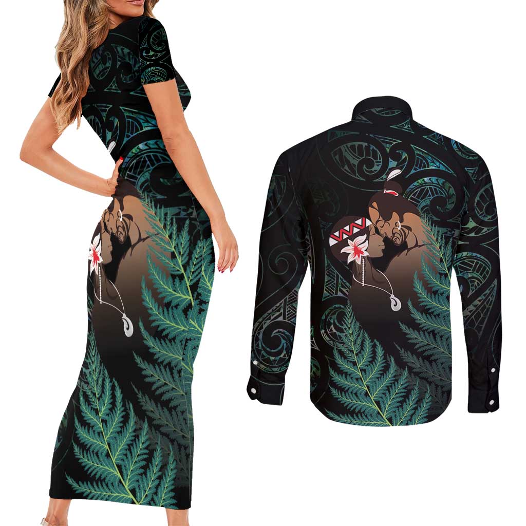 Maori Hongi Valentine Couples Matching Short Sleeve Bodycon Dress and Long Sleeve Button Shirt Aroha Ahau Ki A Koe