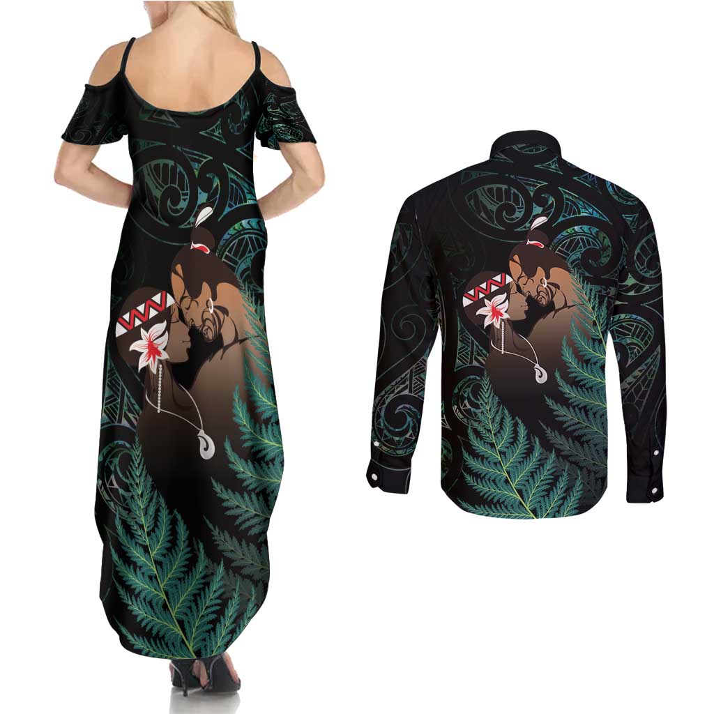 Maori Hongi Valentine Couples Matching Summer Maxi Dress and Long Sleeve Button Shirt Aroha Ahau Ki A Koe