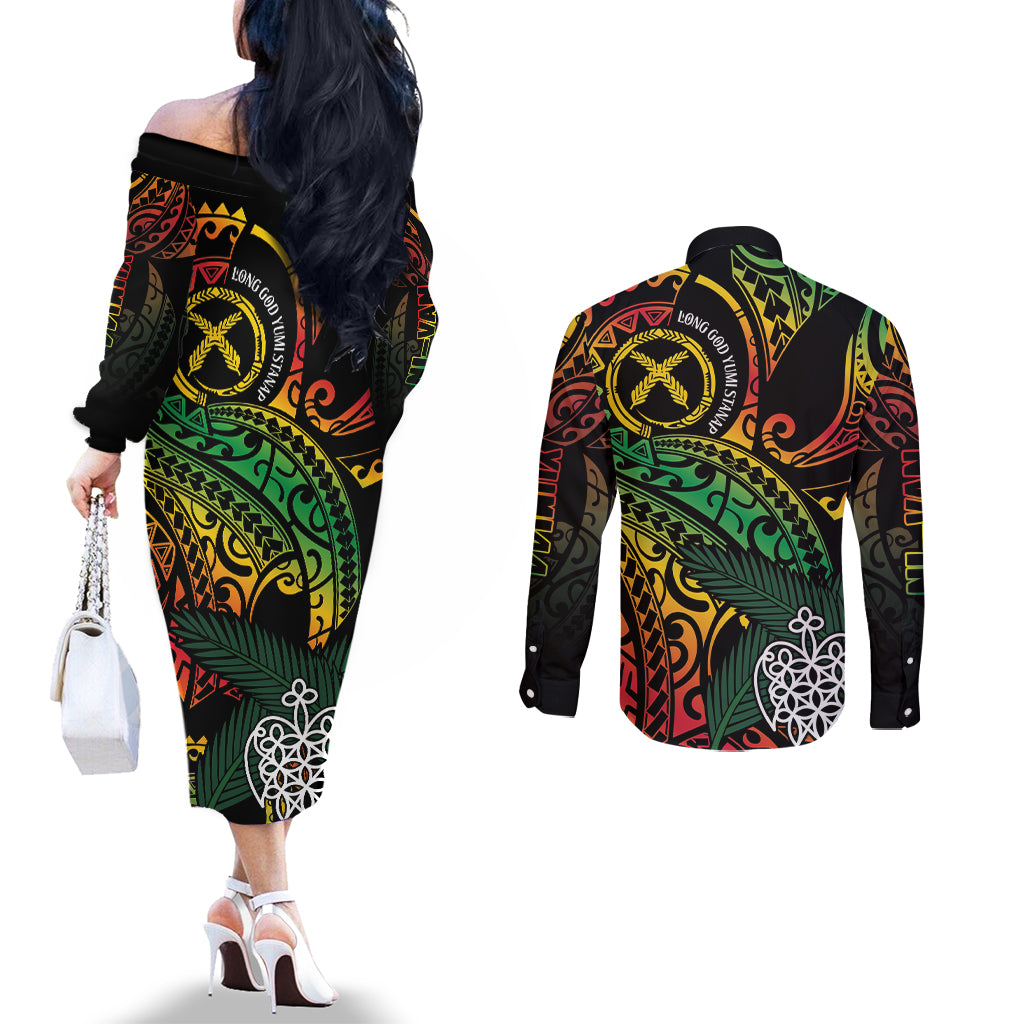 Vanuatu Indipendens Dei Couples Matching Off The Shoulder Long Sleeve Dress and Long Sleeve Button Shirt Mix Traditional Sand Drawing